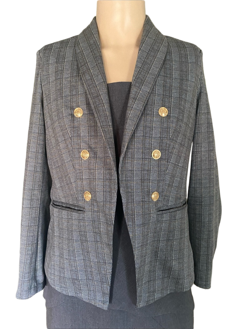 Joie Gray Plaid Double-Breasted Blazer with Gold Buttons